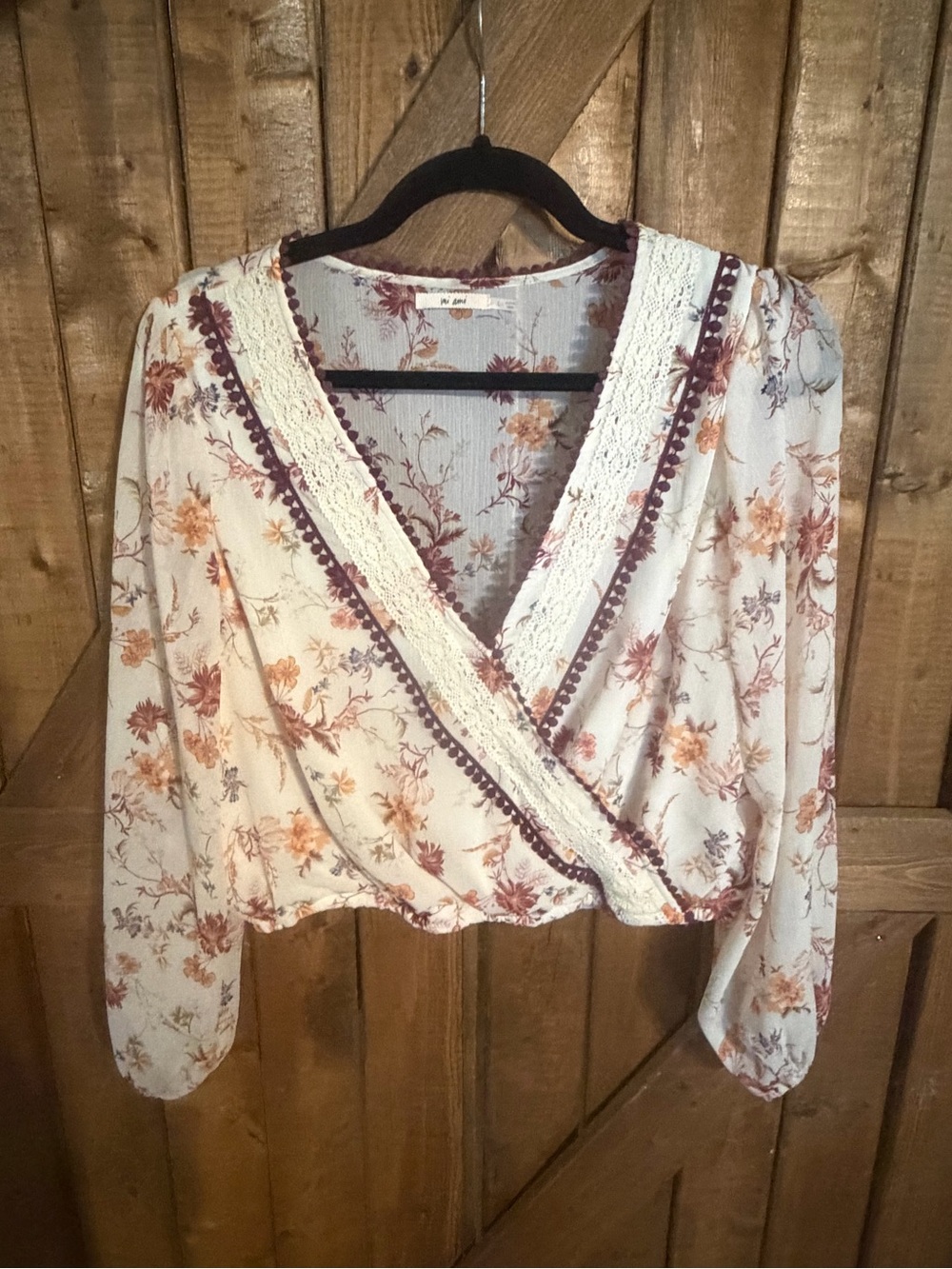 miami Cream Floral Lace-Trim Wrap Blouse with Rust and Mauve Accents